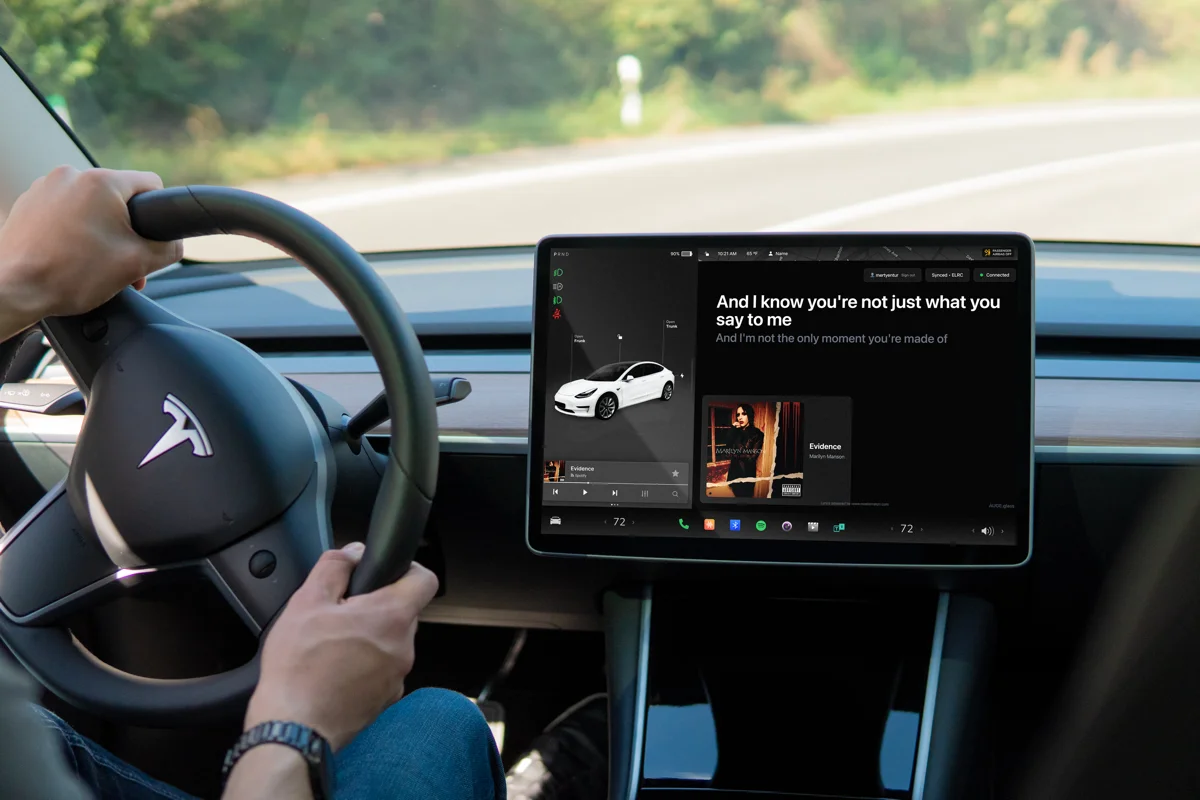 Lyrical showing synced lyrics on Tesla car browser